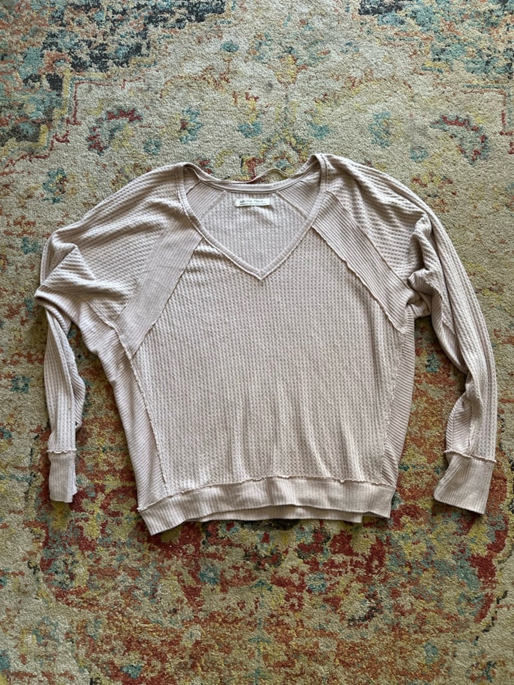 We The Free Waffle V-Neck Sweater in Light Cream